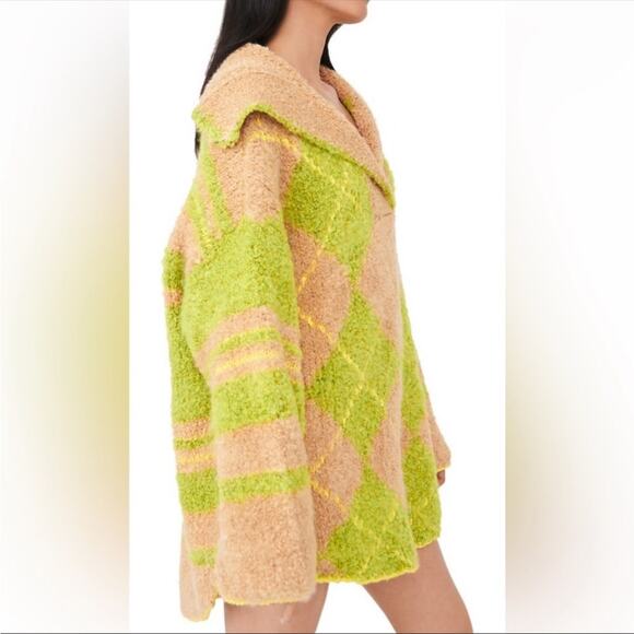 Free People Sunshine to Follow Argyle Cotton Blend Sweater Lemon Sugar Combo NEW - Picture 9 of 10